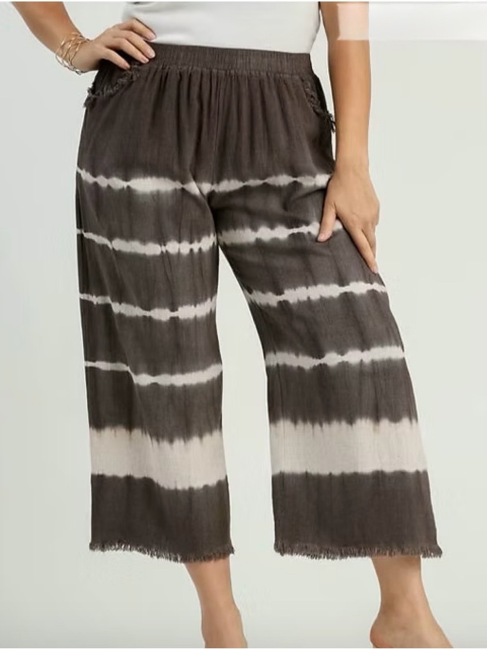 Umgee Brown and Cream Tie-Dye Cropped Wide-Leg Pants